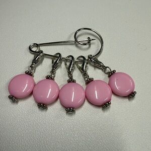 Pink Beaded Silver Stitch Markers with Safety Pin to Attach To Your Project Bag